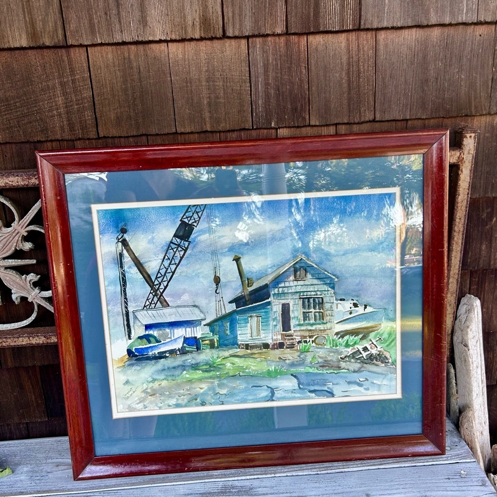 Vintage Seaside Watercolor Painting: Boatyard Scene by Margaret Ostranded - Picture 6 of 10